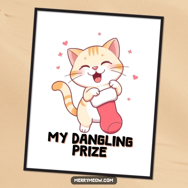 Funny digital art print of a cat character joyfully swatting at a dangling Christmas stocking, embodying playful holiday mischief and excitement.