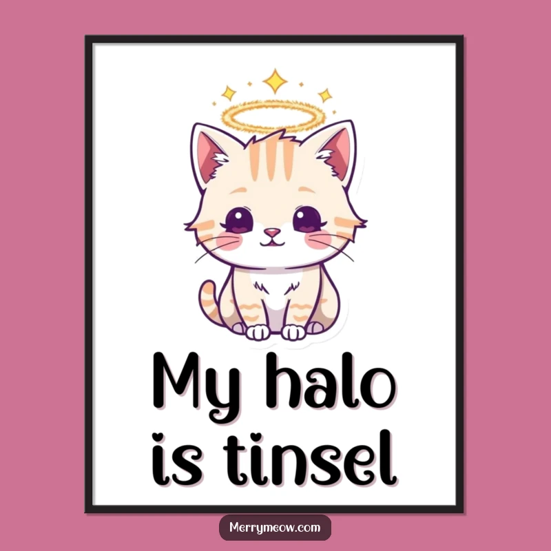 Funny Tinsel Halo Cat Digital Art: Divine Feline for Instant Aura Gift