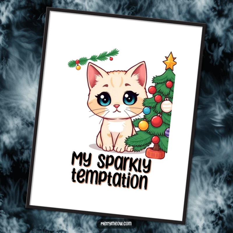Funny digital art print of a cat character with enormous, astonished eyes looking up at a sparkling, decorated Christmas tree, embodying pure holiday wonder.
