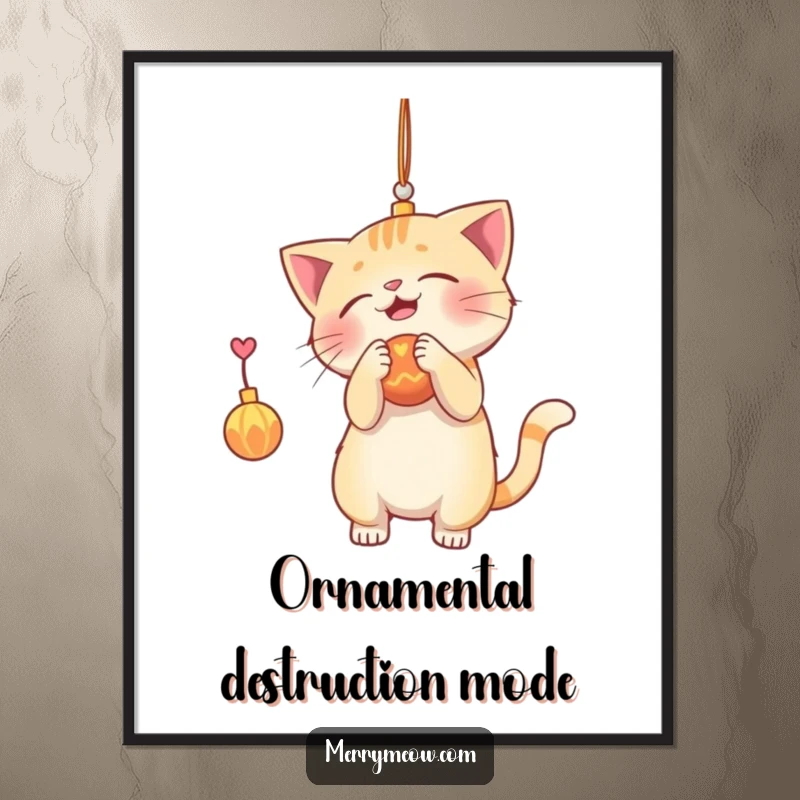 Funny digital art print of an energetic cat batting at a shiny hanging ornament, adding instant holiday cheer and playful mischief.