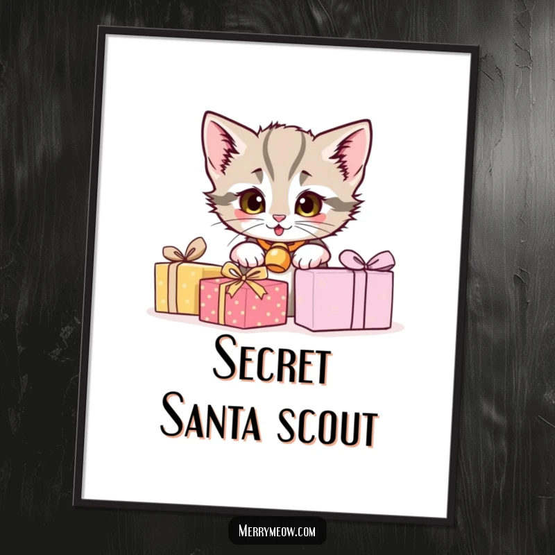 Funny digital art print of a mischievous kitten peeking from behind presents, ready for immediate download and display.
