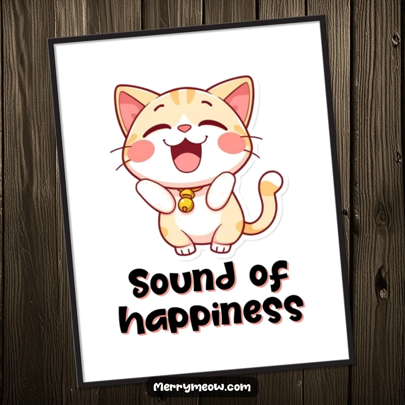 Funny Digital Art Print: Excited cat with a little bell on its tail, radiating playful energy.