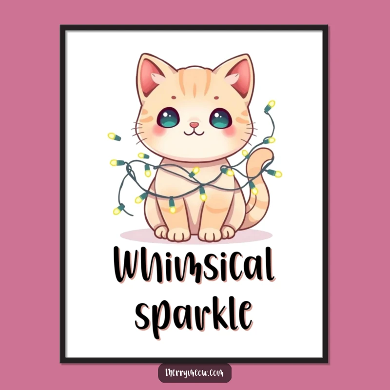 Funny Kawaii Cat Fairy Lights Digital Art Print: Festive Charm for Your Walls