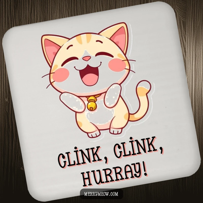 Funny Drink Coasters: Excited cat with a bell on its tail, designed to protect surfaces with a smile.