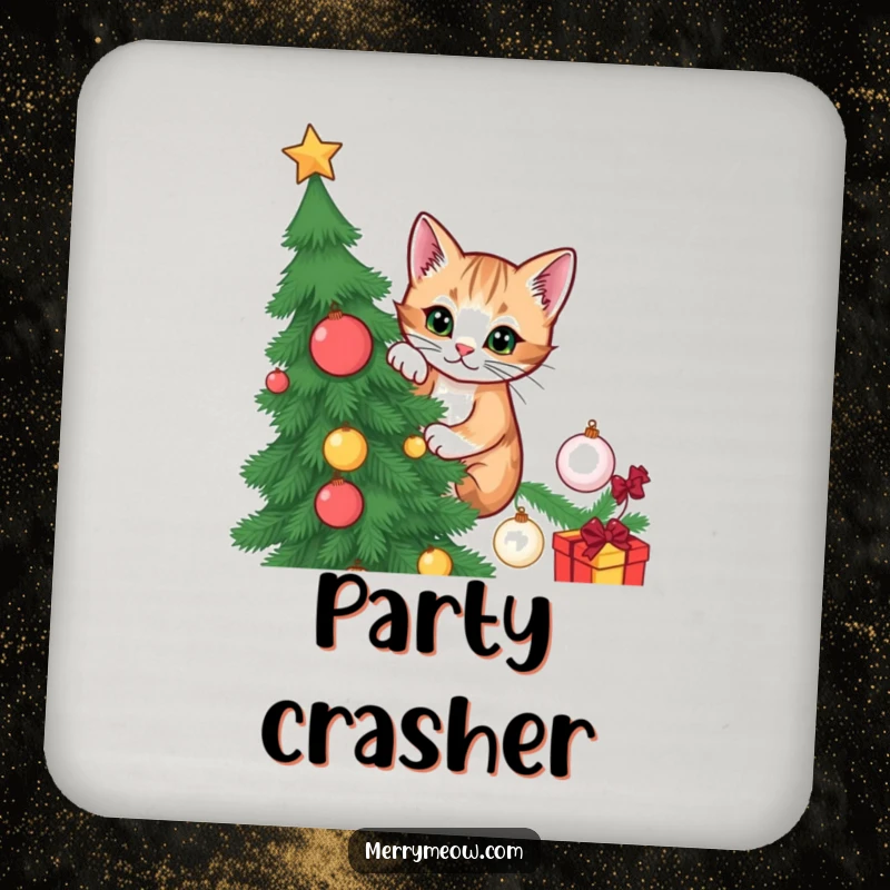 Funny drink coasters with a mischievous cat climbing a Christmas tree, perfect for protecting surfaces during holiday gatherings.