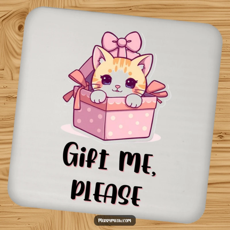 Funny cat peeking from a gift box on a drink coaster, protecting surfaces humorously.