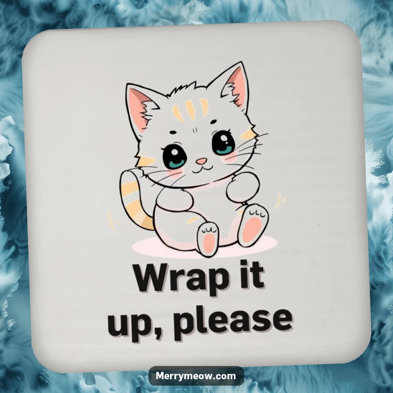 Funny drink coaster featuring a cat character joyfully playing and rolling amidst a scattered pile of ripped wrapping paper, adding humor to any setting.