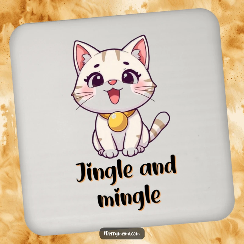 Funny coaster with an excited cat wearing a jingle bell collar, protecting surfaces with feline cheer.