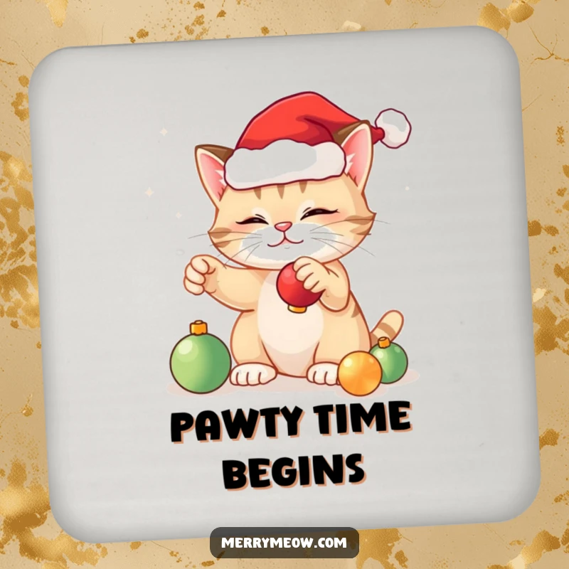 Funny festive cat drink coaster featuring a cat in a Santa hat playing with Christmas ornaments, perfect for protecting surfaces.