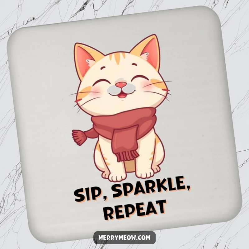 Funny drink coaster showcasing a giggling cat character wearing a festive scarf, protecting tables with holiday humor.
