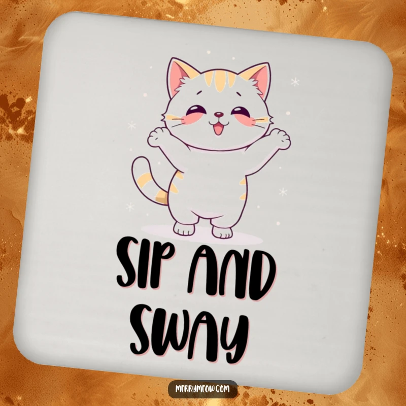 Funny Kawaii Cat Coaster set with a cute cat performing a silly dance with snowflakes, protecting surfaces.