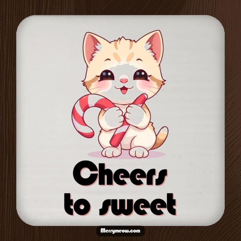 Funny Coaster: A kitten gleefully holding a candy cane, adding sweet holiday humor to surfaces, a perfect funny gift.
