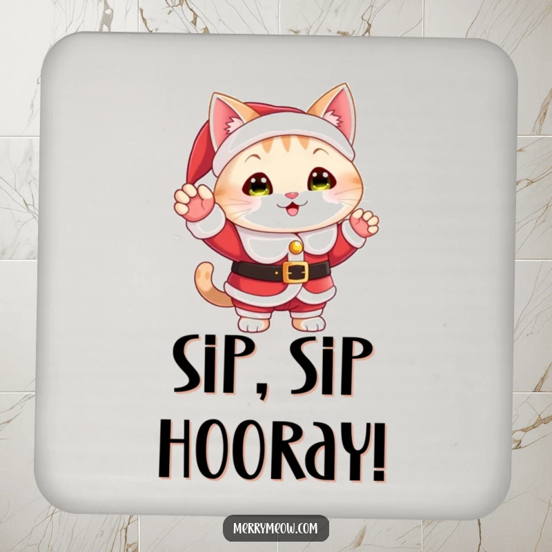Funny drink coaster with a cat character in a Santa suit, waving a cheerful holiday greeting, protecting surfaces.