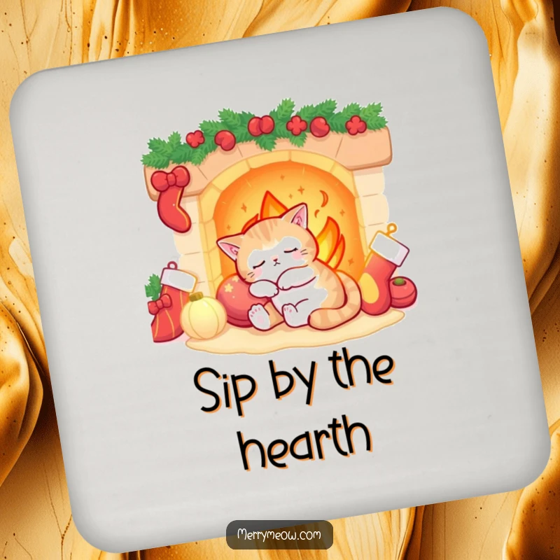 Funny sleepy cat dozing by a fireplace with stockings, on a decorative drink coaster.