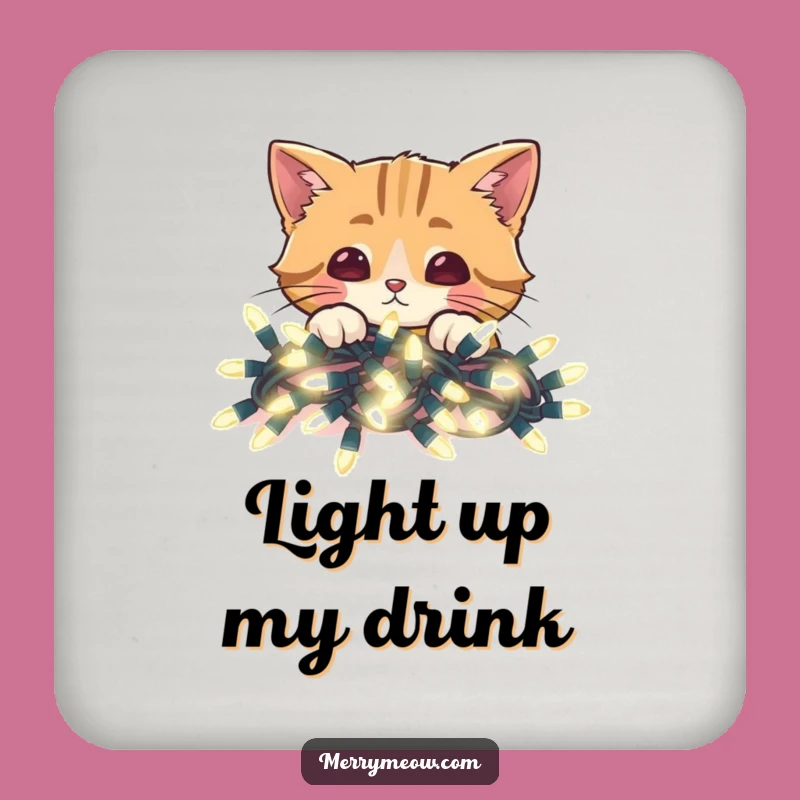 Funny Cat Christmas Lights Coaster: Peek-a-Boo Holiday Drink Gift