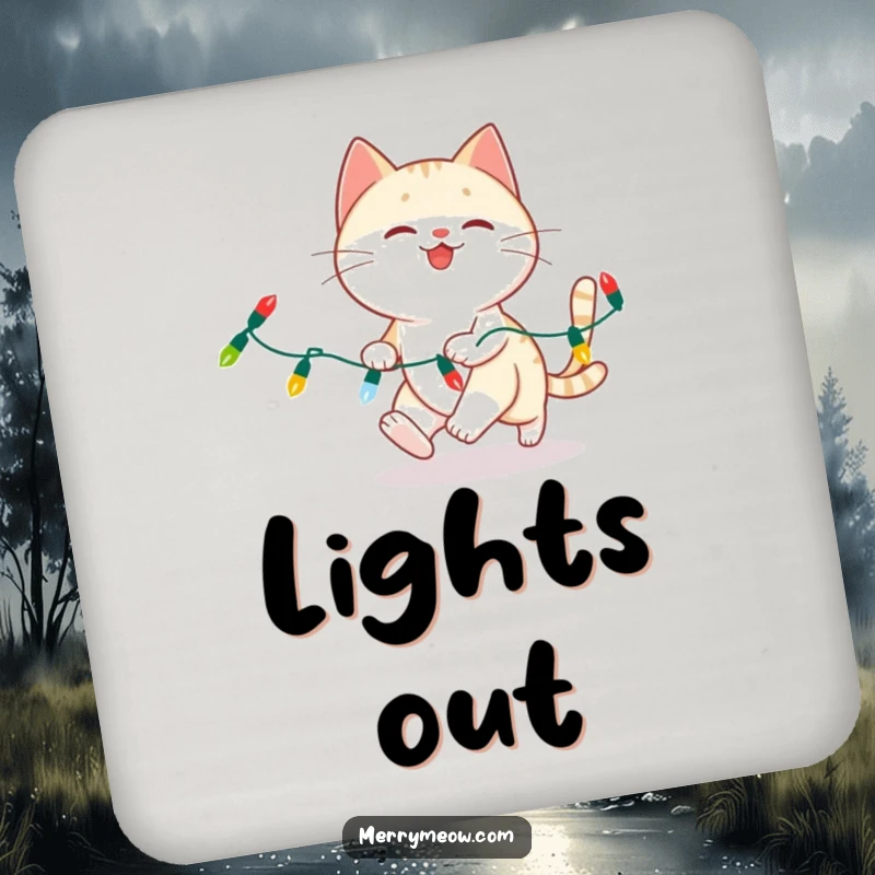 Funny cat chasing Christmas lights on a drink coaster, adding festive humor to surfaces.