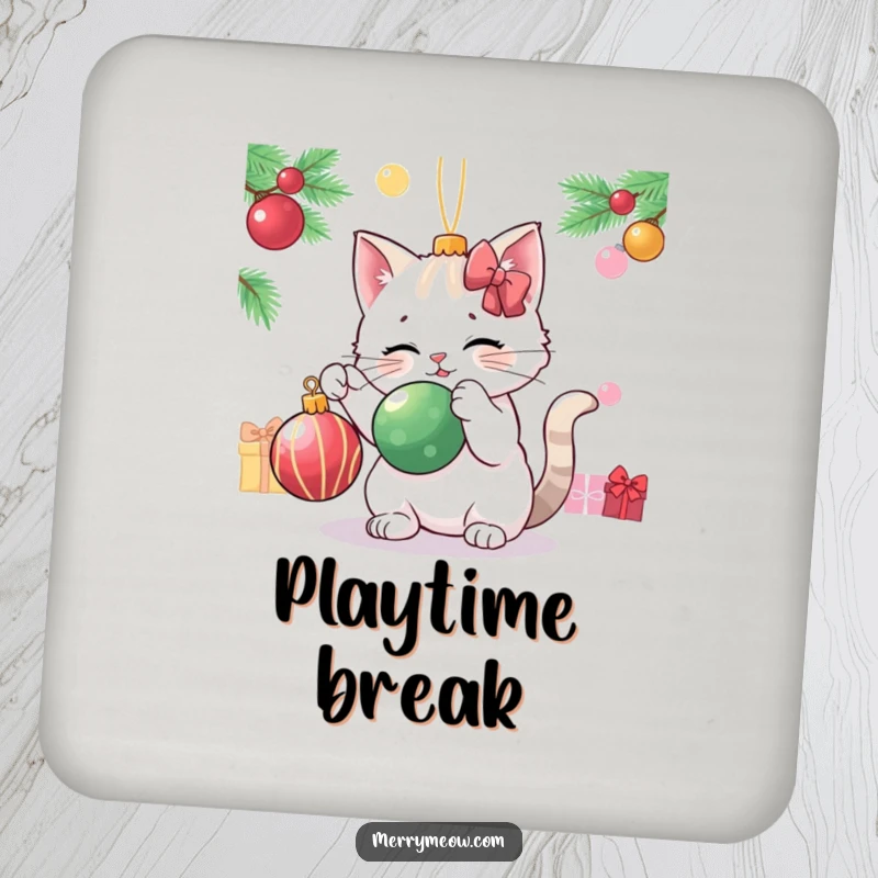 Funny cat playfully batting a Christmas ornament, designed as a functional and festive drink coaster.
