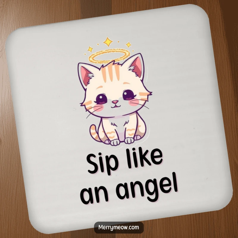 Funny coaster with a divine cat wearing a festive tinsel halo, protecting surfaces with celestial feline grace.