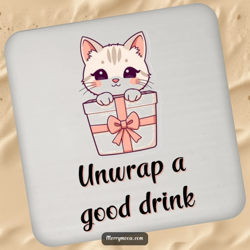Funny coaster with a cute cat peeking from a present, protecting surfaces with a touch of feline whimsy.