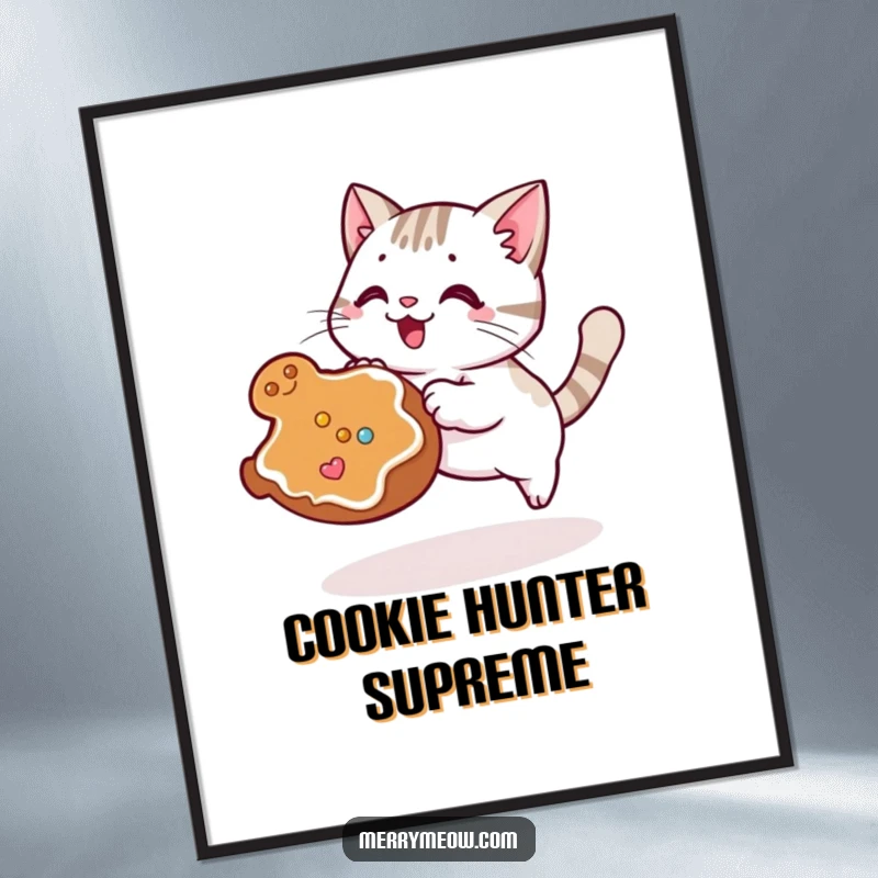Funny Kawaii Cat Poster illustrating a cute cat making a hilarious leap towards a runaway gingerbread cookie, full of excitement.