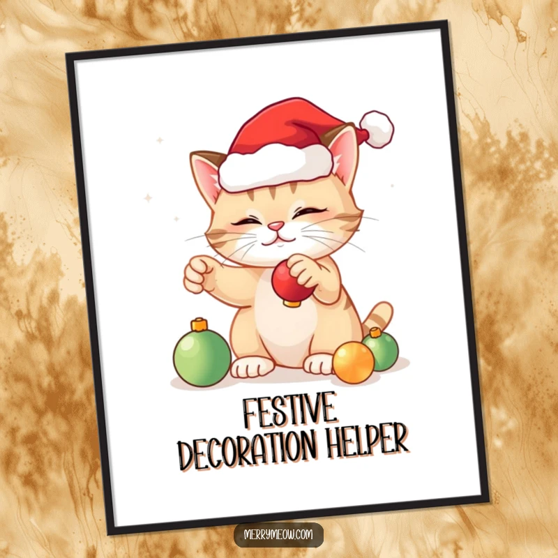 Funny festive cat poster art of a cute cat wearing a Santa hat, playfully swatting at colorful Christmas ornaments.