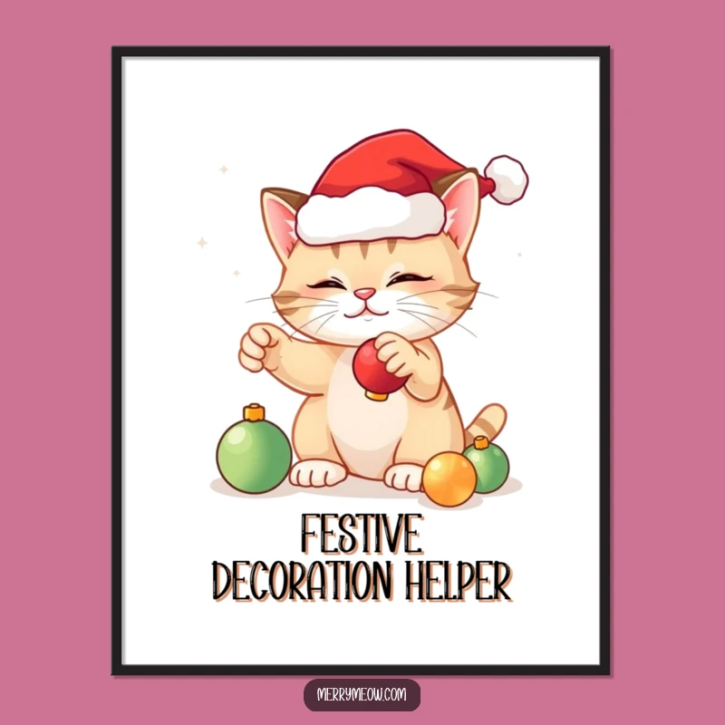 Funny Festive Cat Santa Art Poster - Holiday Wall Decor