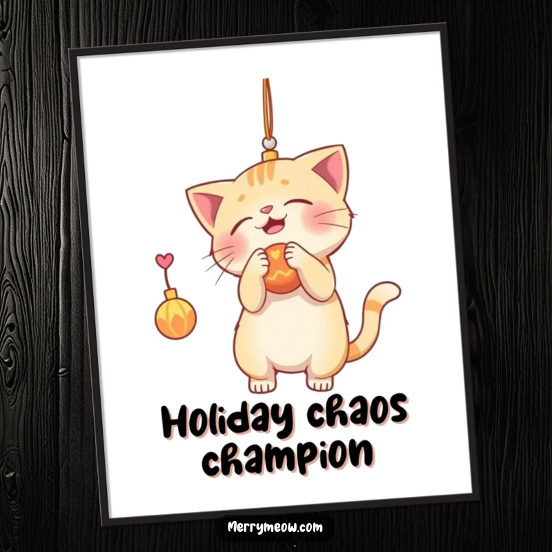Funny poster art of an energetic cat playfully batting at a shiny hanging ornament, perfect for adding holiday cheer and mischief.