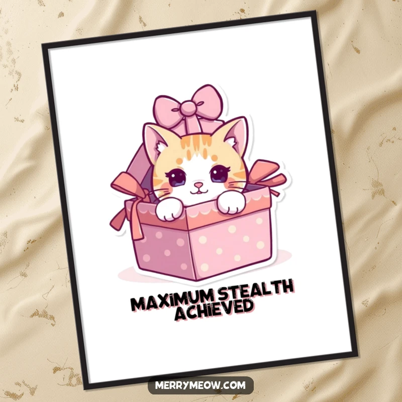 Funny cat peeking from a gift box on a vibrant poster, bringing humor to wall decor.
