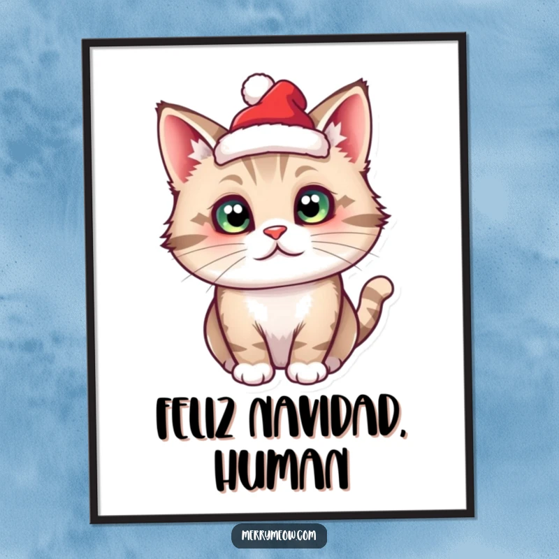 Funny cat character wearing a tiny Santa hat, presented as festive wall art for the holiday season.