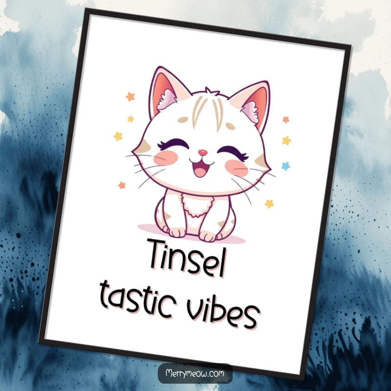 Funny cat character joyfully batting at tinsel, capturing festive action on a holiday poster.