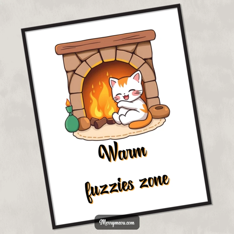Funny poster art of a contented, joyful cat character snuggled by a bright, warm fireplace, adding cozy vibes to wall decor.