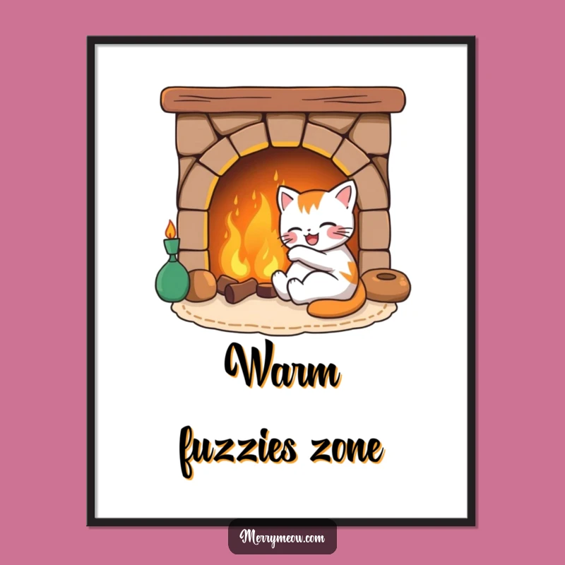 Funny Joyful Cat Fireplace Poster, a Whimsical Wall Art Funny Gift for Cozy Homes