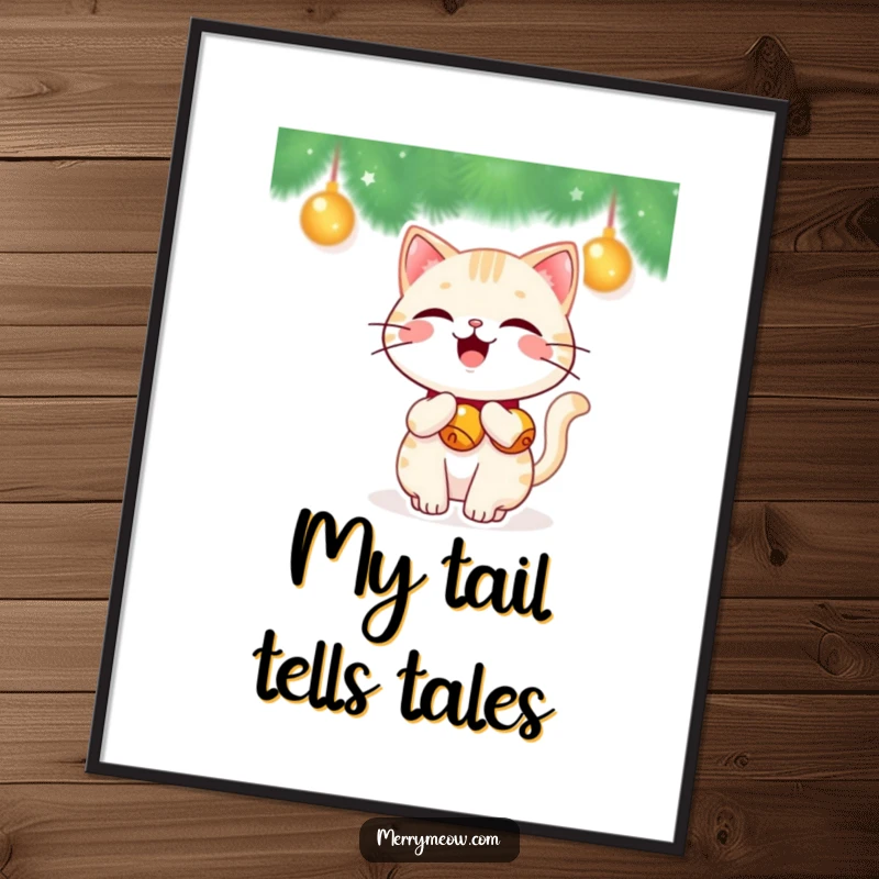 Funny Kawaii Cat Poster featuring a cute cat with jingle bells on its tail, wagging happily, perfect for festive decor.