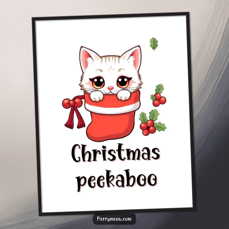 Funny kawaii cat peeking from a Christmas stocking with wide eyes, creating charming holiday wall art.