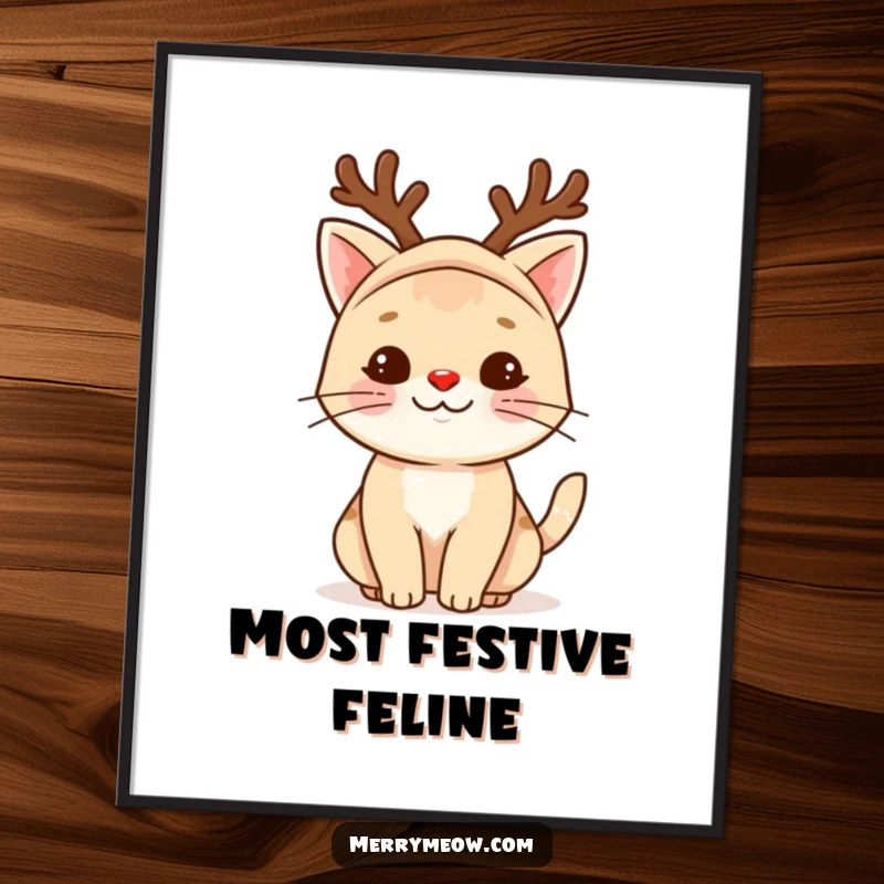 Funny reindeer cat poster showcasing a delightful cat transformed into a Christmas reindeer, its red nose a focal point.