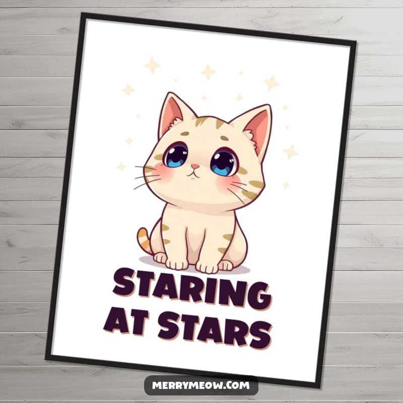 Funny poster art of a surprised cat character with wide eyes looking up at a display of bright, twinkling holiday lights.