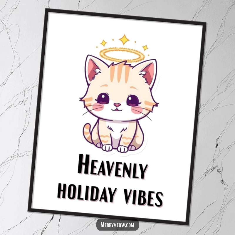 Funny poster art of a sacred cat adorned with a shimmering tinsel halo, perfect for adding divine and festive charm to walls.
