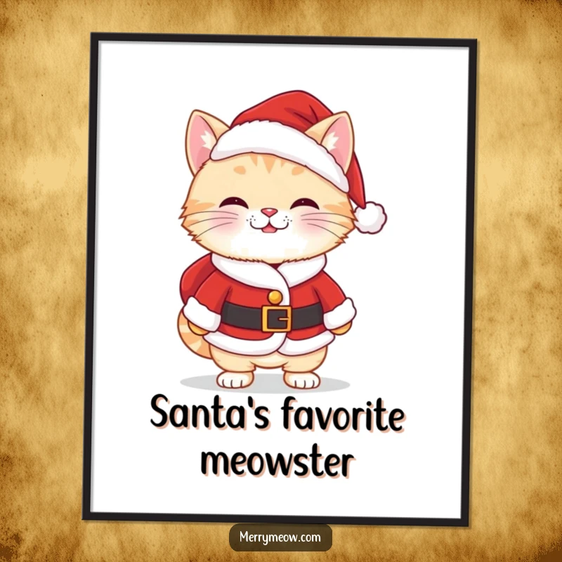 Funny Kawaii Santa Cat Poster displaying a cute cat in a Santa suit with a cheeky grin, perfect for festive wall decor.