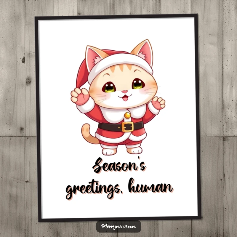 Funny holiday poster featuring a cat dressed as Santa, giving a cheerful wave, perfect for festive wall decor.