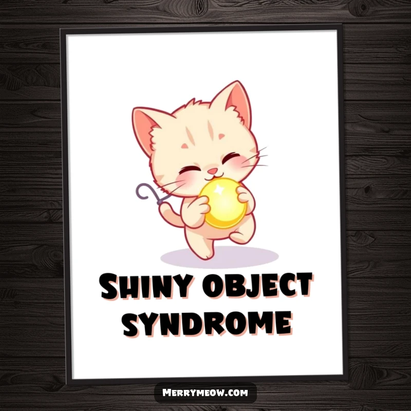 Funny poster print of a kitten happily chasing a glowing holiday ornament, radiating pure festive excitement.