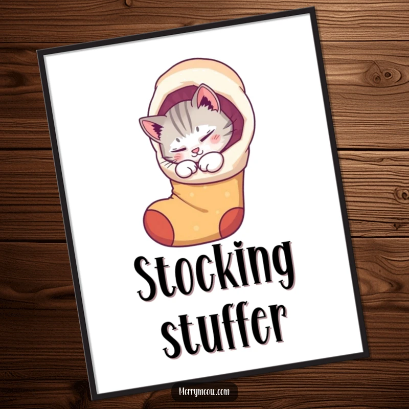Funny poster art of a purring cat curled up cozily inside a whimsical Christmas stocking, radiating holiday peace.