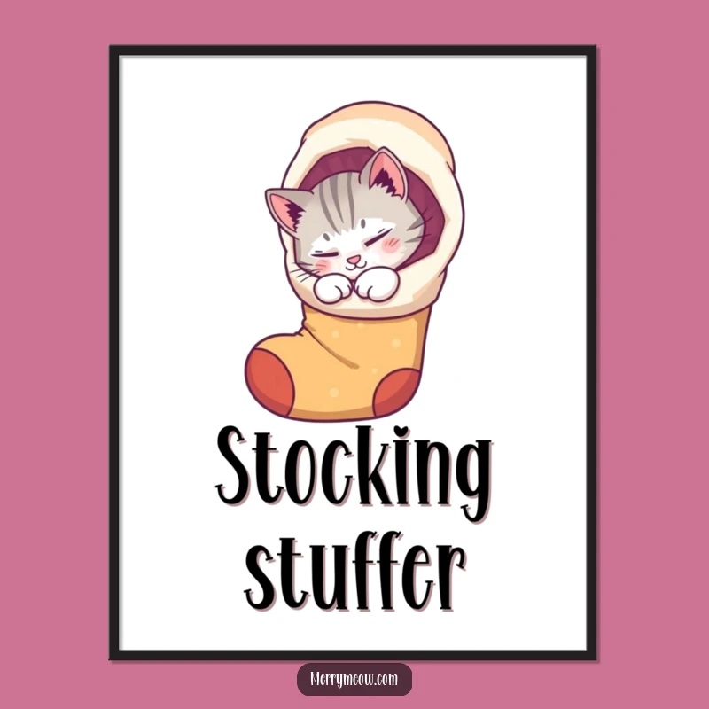 Funny Cat Stocking Poster: Purring kitty artwork, a cozy and funny holiday gift for your walls.