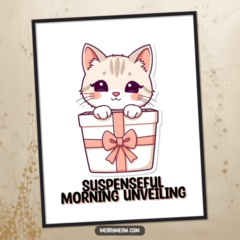 Funny poster art of a curious cat emerging from a beautifully wrapped gift box, adding charm and whimsy to any room.