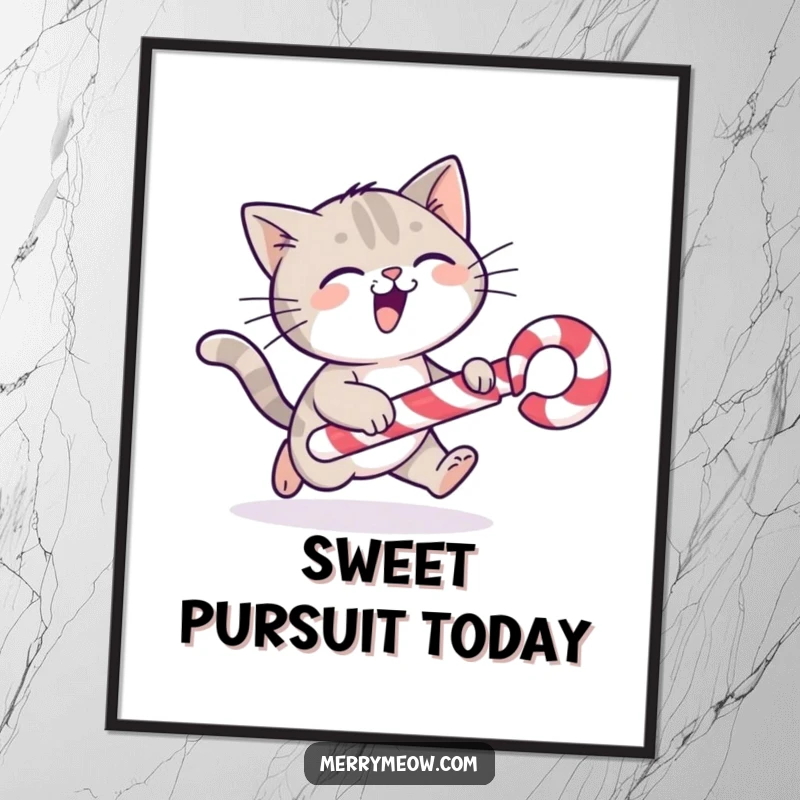 Funny cat character gleefully chasing a rolling candy cane, presented as a playful wall art poster.
