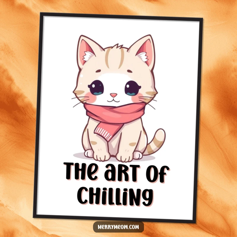 Funny Poster: A delightful illustration of a cat wearing a tiny scarf, looking incredibly cozy and heartwarming, a funny gift idea.