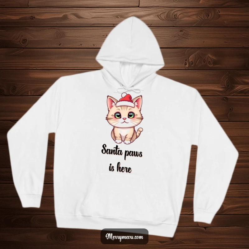 Funny cat character sporting a miniature Santa hat, designed for warmth and festive humor in a hoodie.