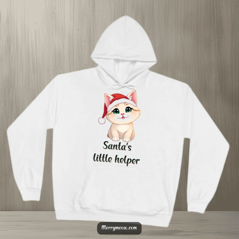 Funny Christmas cat wearing a little Santa hat, printed on a soft, warm hoodie for ultimate holiday comfort.