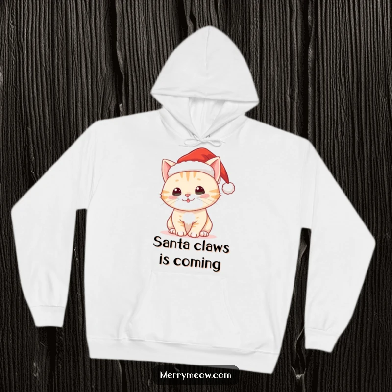 Funny hoodie featuring a cute Christmas cat with a Santa hat, offering warmth and holiday spirit.