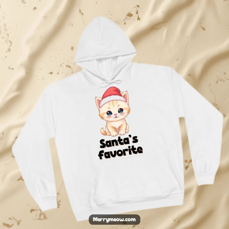 Funny kawaii kitten hoodie, wearing a festive Santa hat, radiating warmth and Christmas joy with its adorable kitty design.