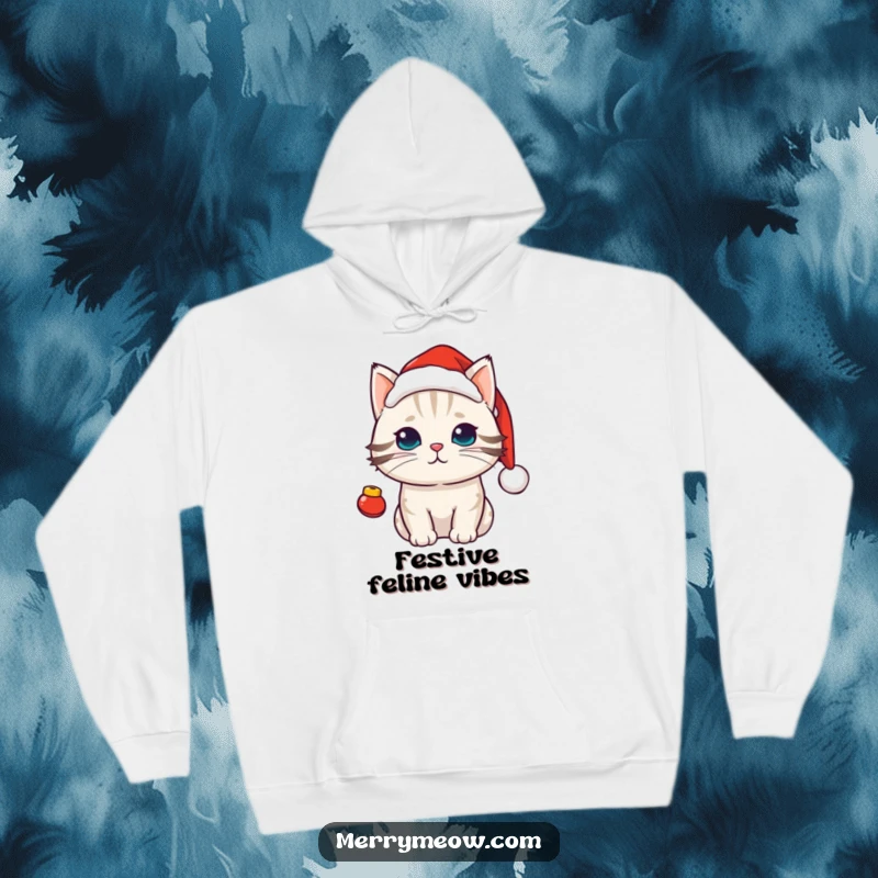 Funny kawaii cat wearing a festive Santa hat with little jingle bells, perfect for cozy holiday comfort.
